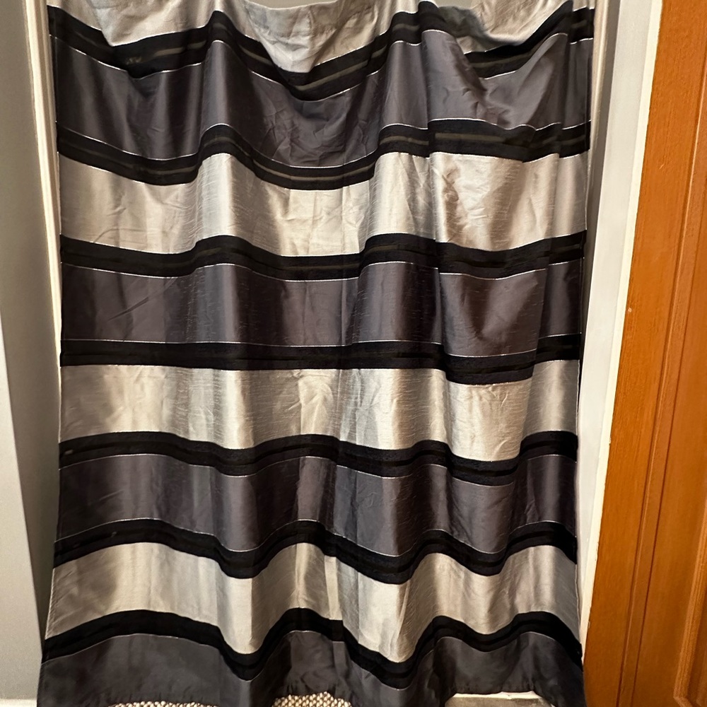 Navy and silver striped cloth shower curtain